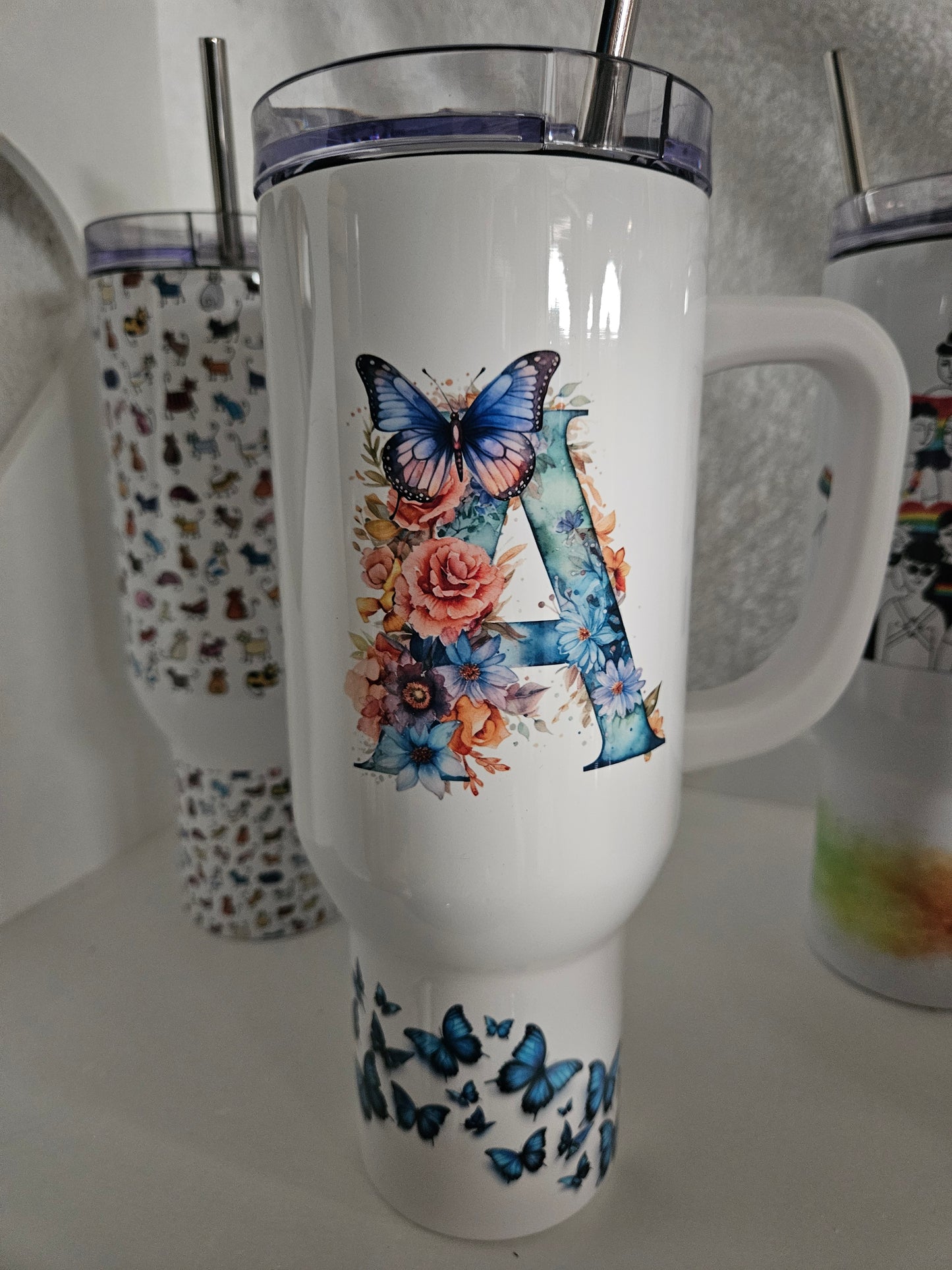 40oz Blue Butterfly Initial Tumbler