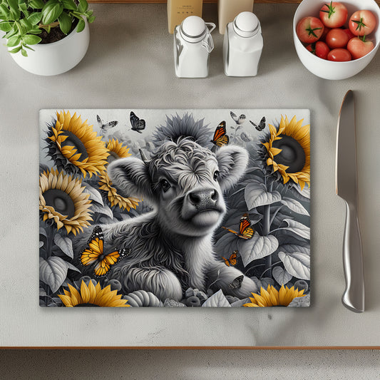 Cow with Sunflowers Black and White Chopping Cutting Board
