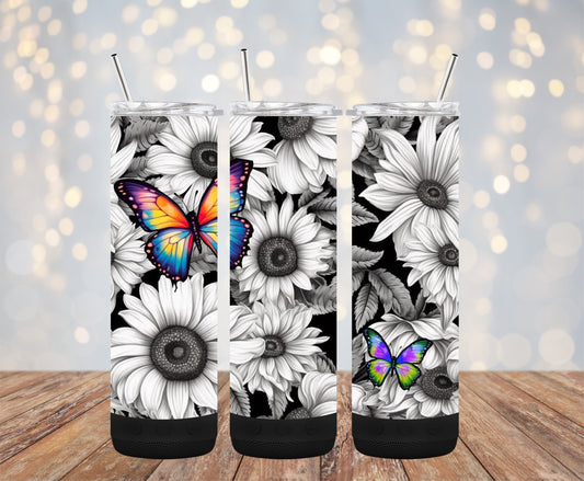 Butterflies Black and White Flowers 20oz Bluetooth Speaker Tumbler