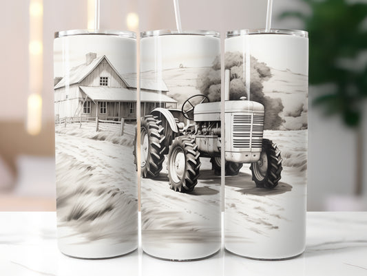 Tractor Black and White Vintage 20oz Tumbler