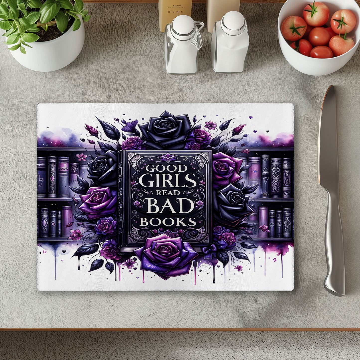 Bad Books Purple and White Glass Chopping Cutting Board