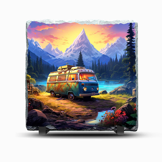 Camper Van Lake Design Printed Rock Slate
