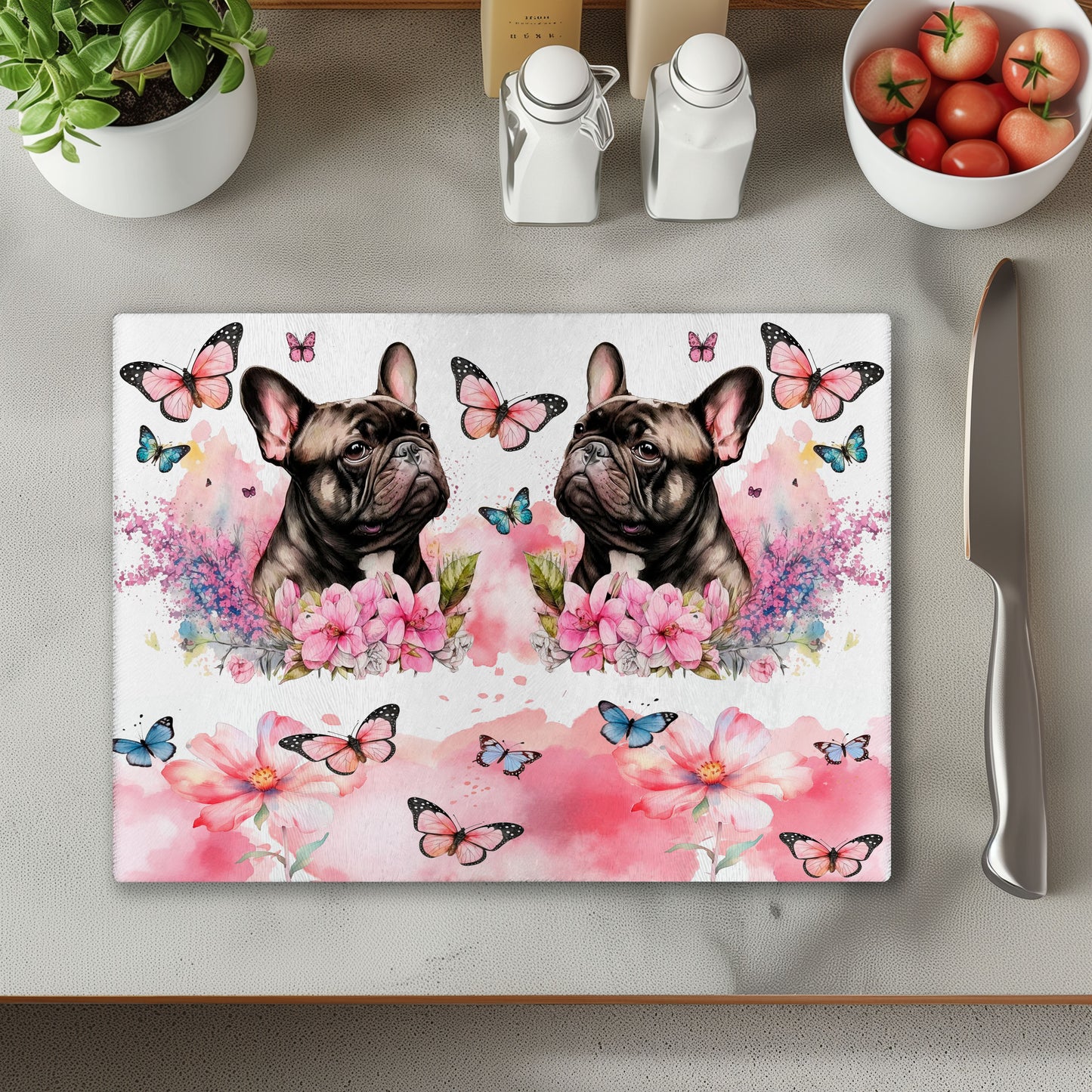 Frenchie and Pink Flowers French Bulldog Chopping Cutting Board or Coaster