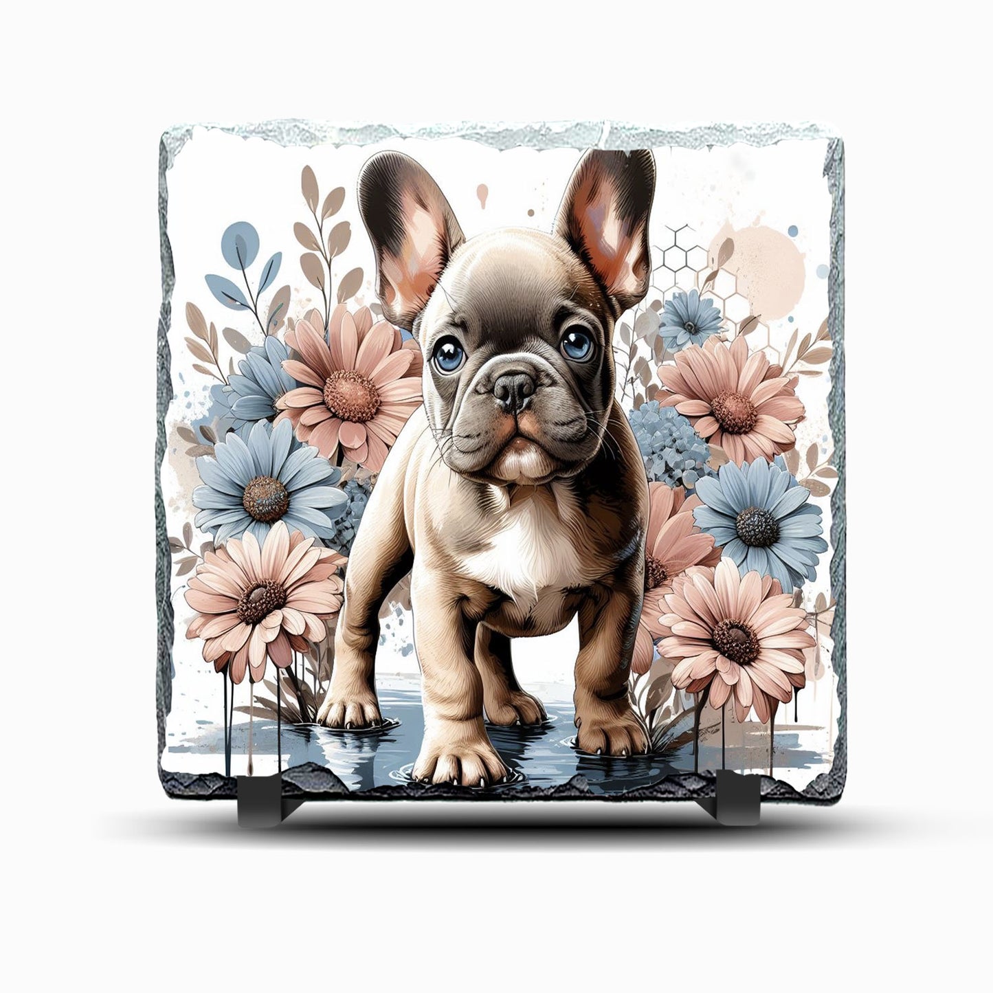 Frenchie Dog with Flowers Design Printed Rock Slate