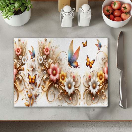Gold Flowers and Butterflies Glass Chopping Cutting Board