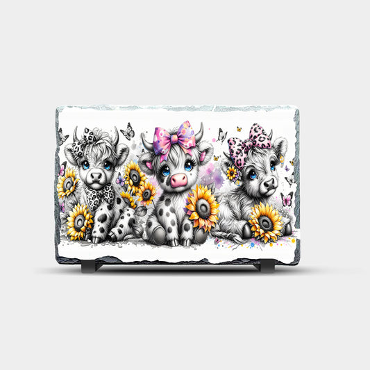 Highland Cow Flowers and Butterflies Design Printed Rock Slate