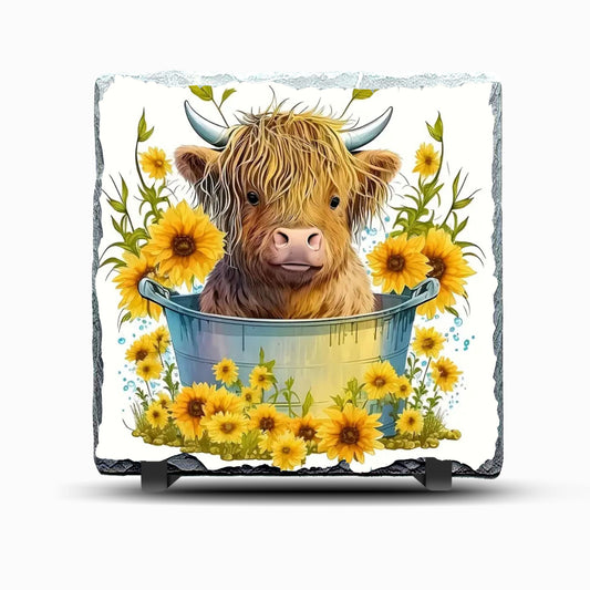 Highland Cow Sunflower Design Printed Rock Slate