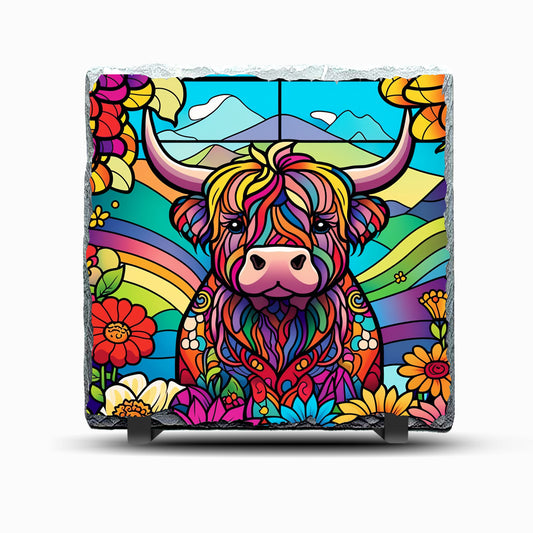 Highland Cow Stained Glass Design Printed Rock Slate