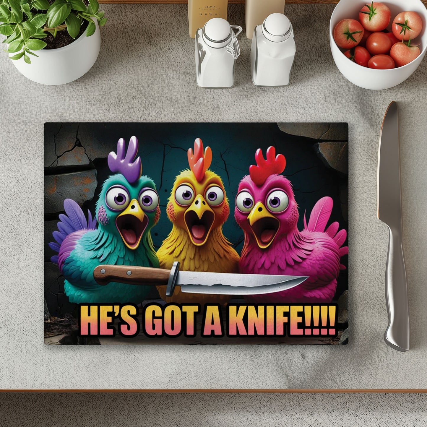 He's Got A Knife Chicken Chopping Cutting Board