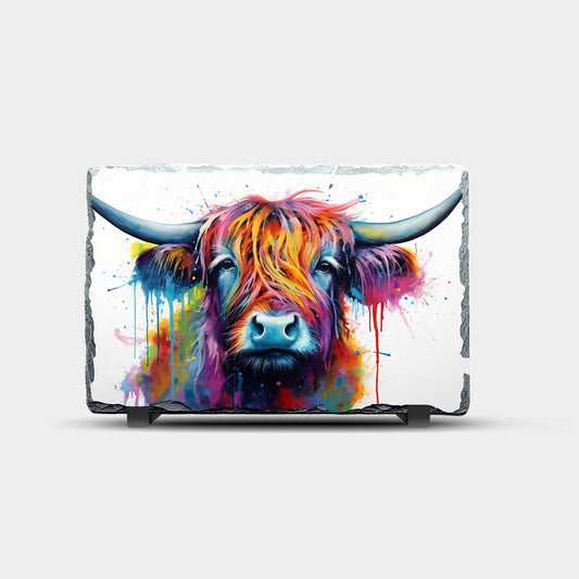 Highland Cow Paint Splash Design Printed Rock Slate
