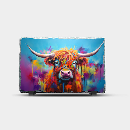 Highland Cow Paint Splash Blue Design Printed Rock Slate