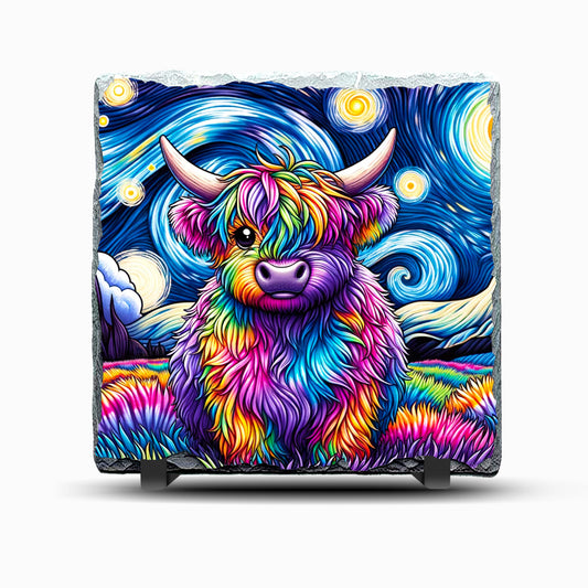 Highland Cow Rainbow Design Printed Rock Slate