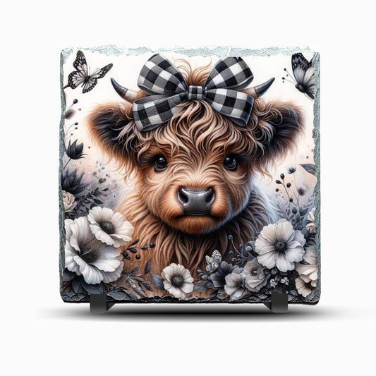 Highland Cow with Bow Design Printed Rock Slate