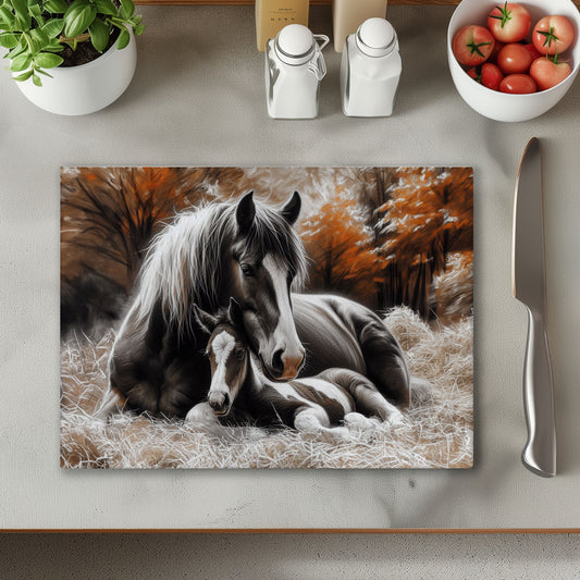 Horse and Foal Glass Chopping Cutting Board