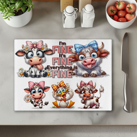I'm Fine Cow Glass Chopping Cutting Board