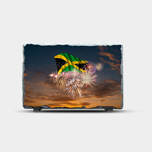 Jamaica Flag and Fireworks Design Printed Rock Slate