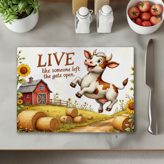 Gate Open Cow Glass Chopping Cutting Board