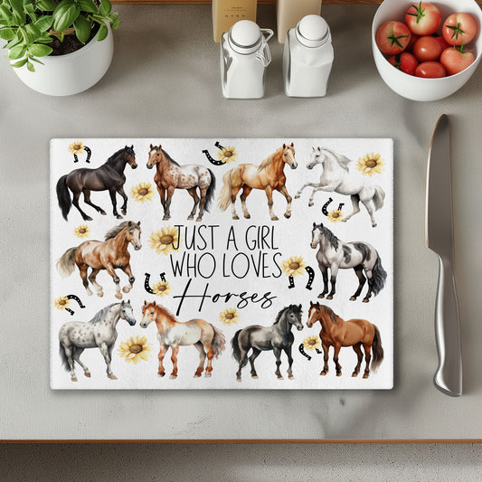 Just a Girl Who Loves Horses Glass Chopping Cutting Board