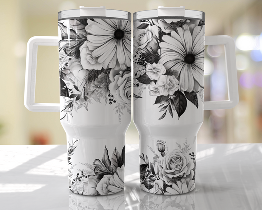 Black and White Flowers 40oz Tumbler