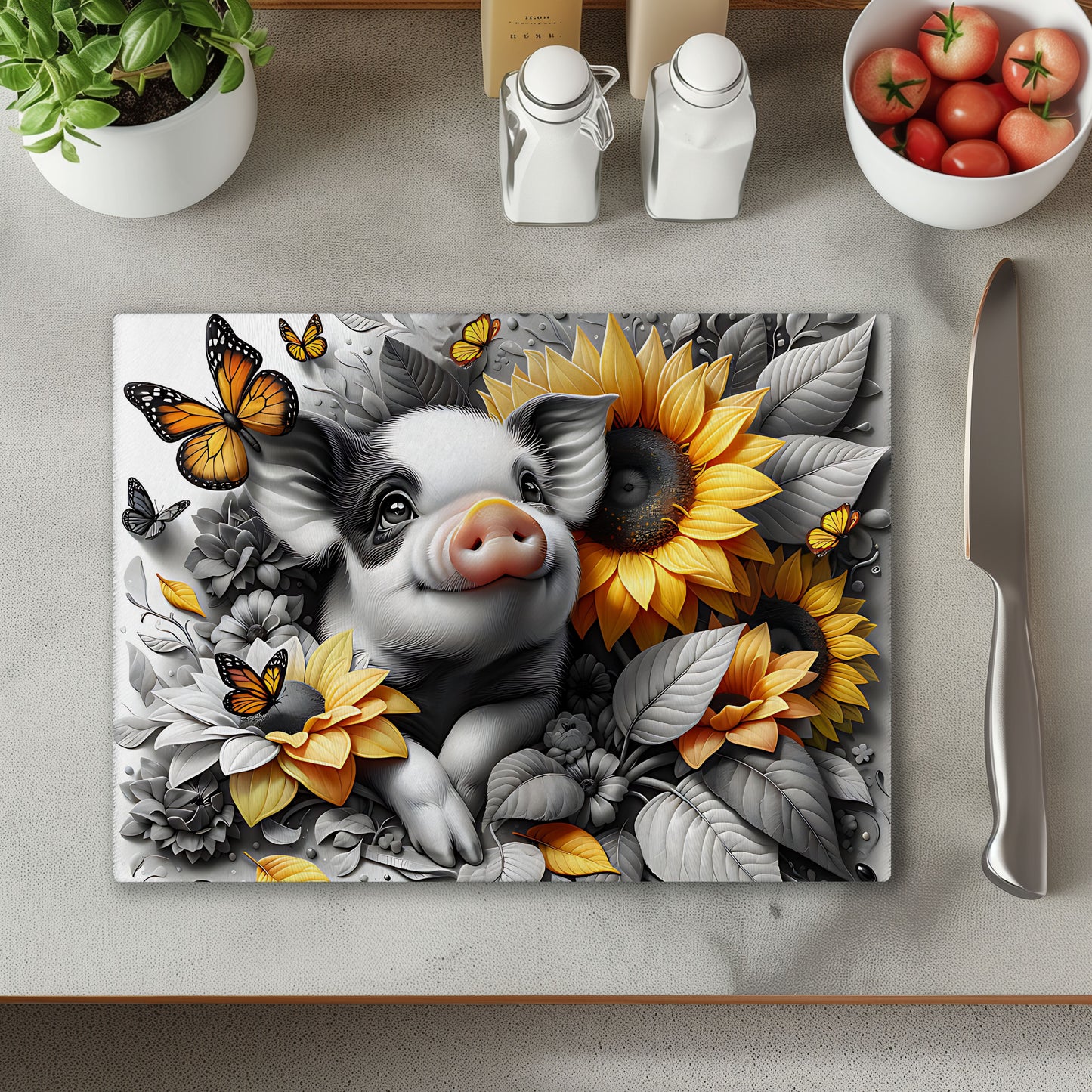 Pig and Sunflowers Glass Chopping Cutting Board