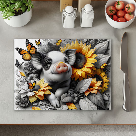 Pig and Sunflowers Glass Chopping Cutting Board