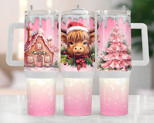 Highland Cow Pink Christmas 40oz Tumbler