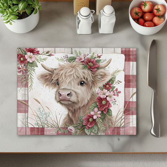 Pink Check Cow Glass Chopping Cutting Board