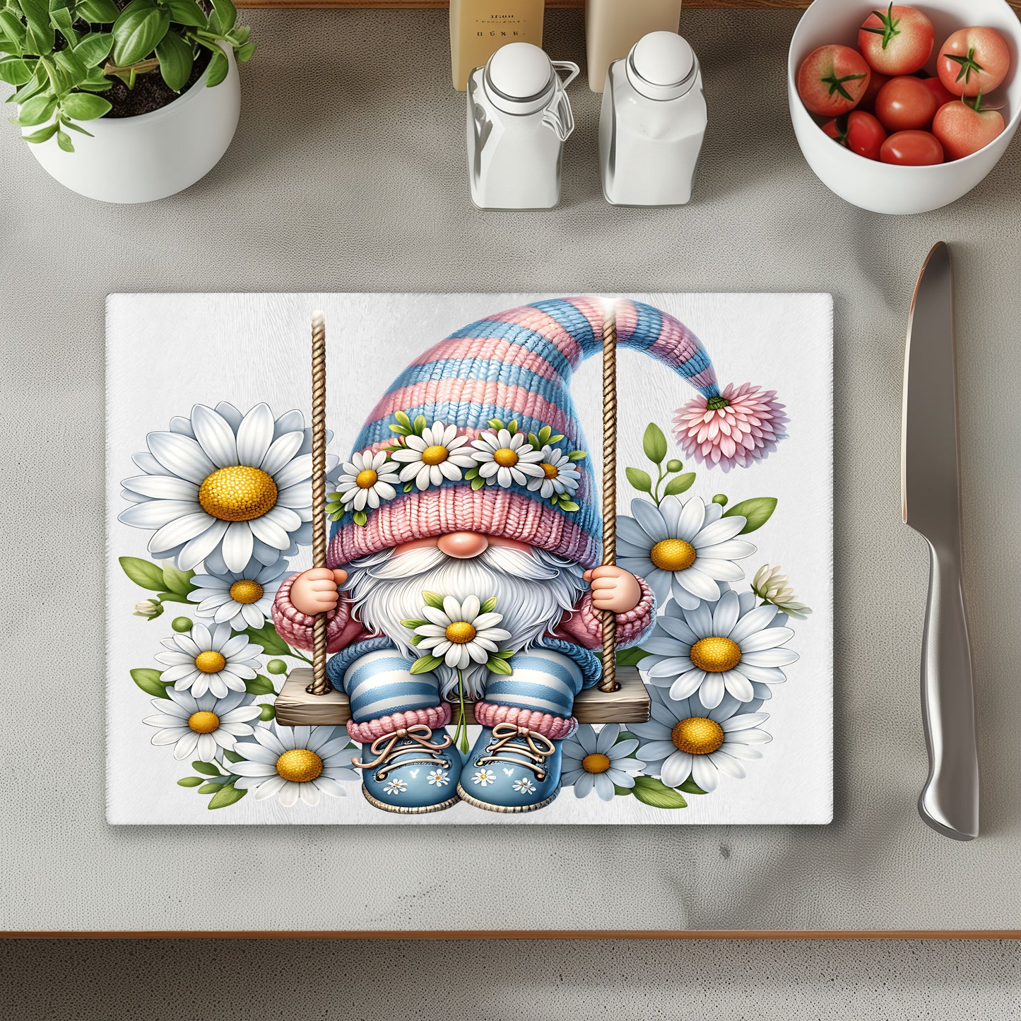 Gonk Gnome on Swing Pink Chopping Cutting Board