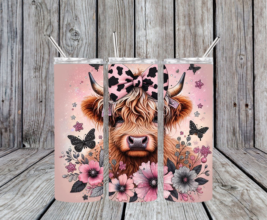 Pink Cow Butterfly and Flowers 20oz Tumbler