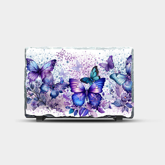 Purple Flowers and Butterflies Design Printed Rock Slate