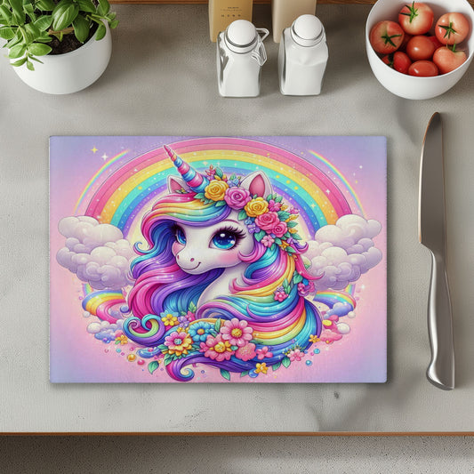 Rainbow Unicorn Glass Chopping Cutting Board