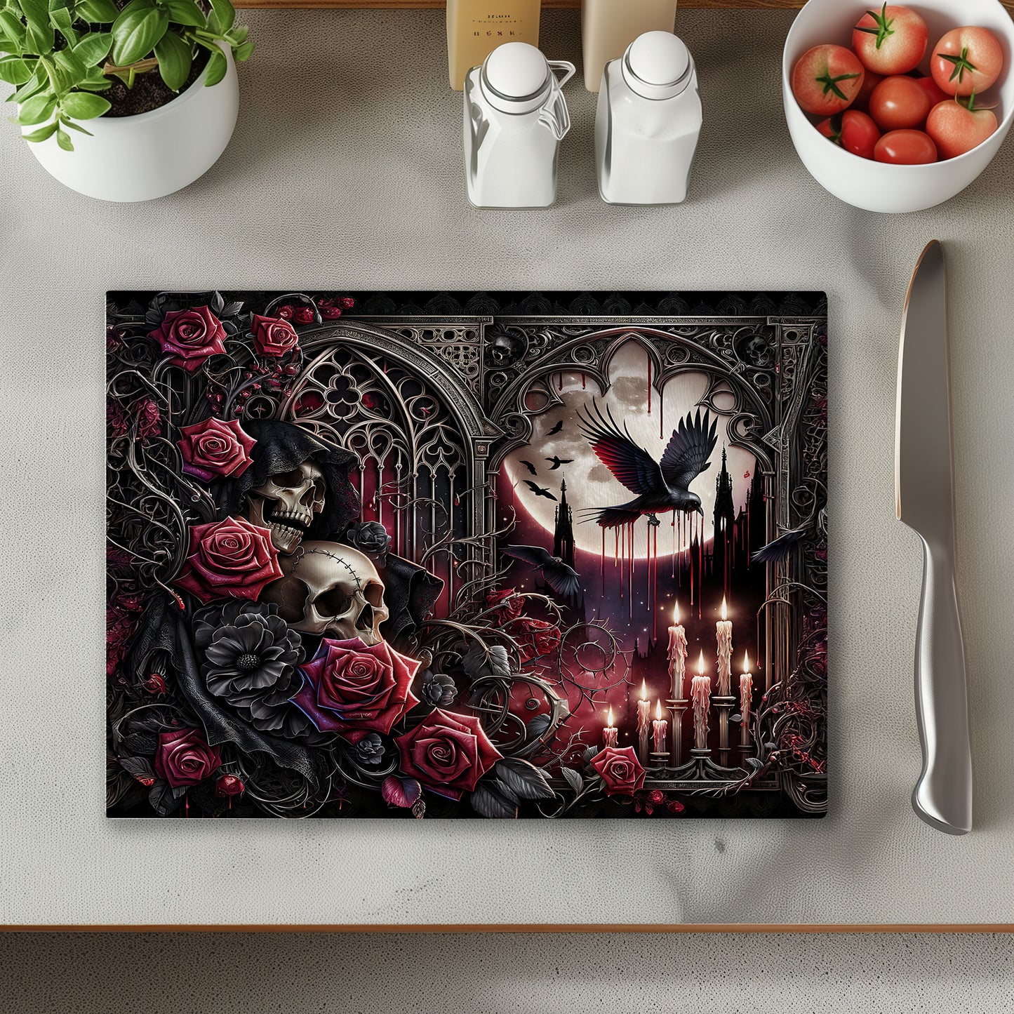 Ravens, Roses and Skulls Glass Chopping Cutting Board