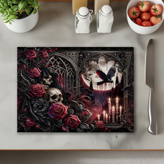 Ravens, Roses and Skulls Glass Chopping Cutting Board