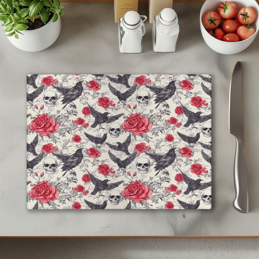 Ravens, Skulls and Roses 2 Glass Chopping Cutting Board