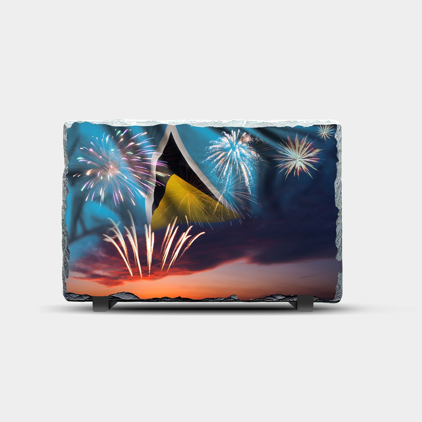 Saint Lucia Flag and Fireworks Design Printed Rock Slate