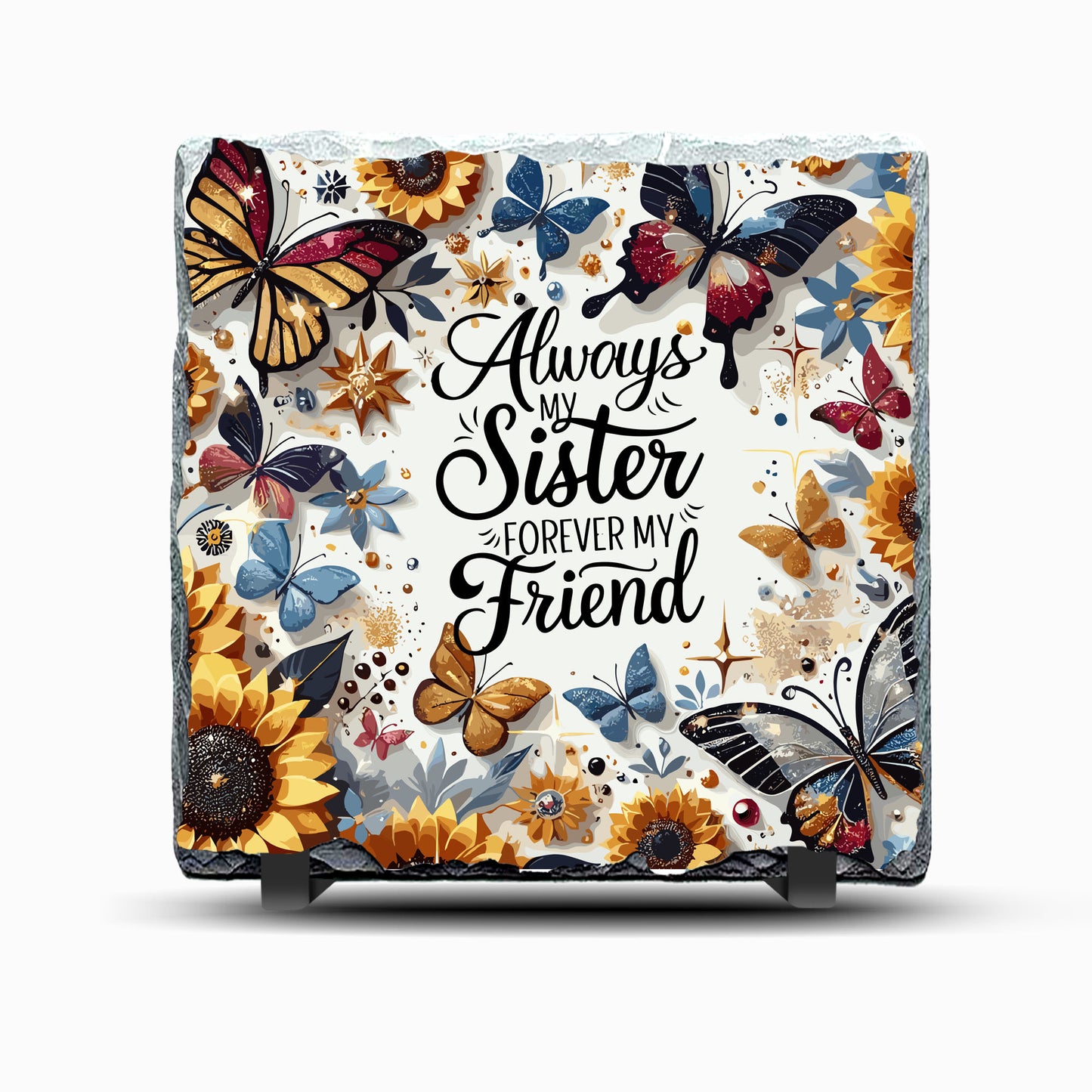Sister Yellow Flowers and Butterflies Design Printed Rock Slate