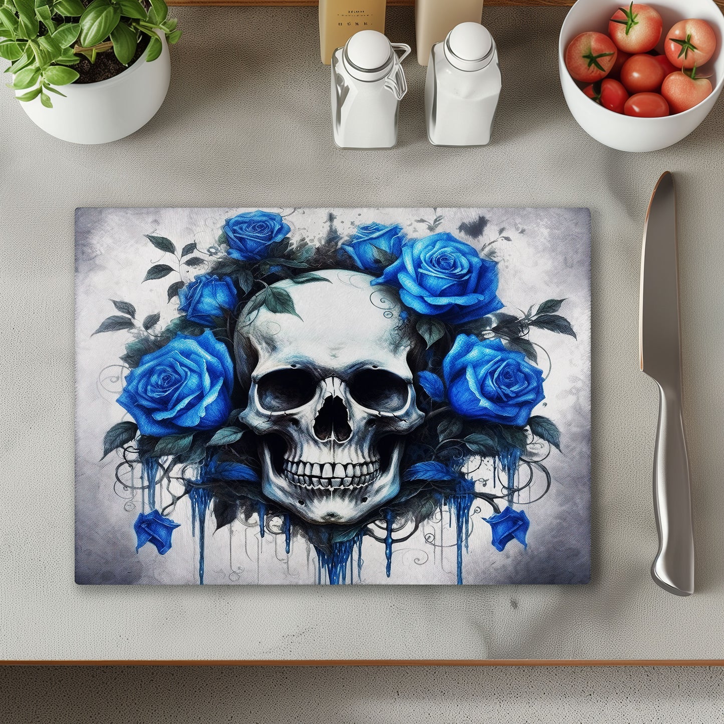 Skull and Blue Roses Chopping Cutting Board or Coaster