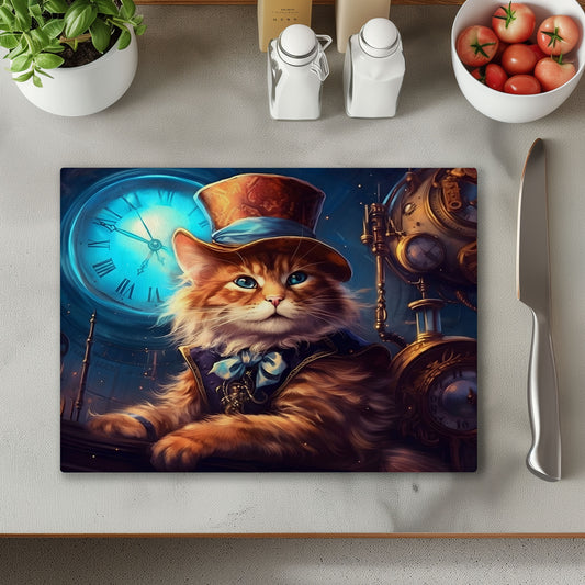 Steampunk Cat Glass Chopping Cutting Board