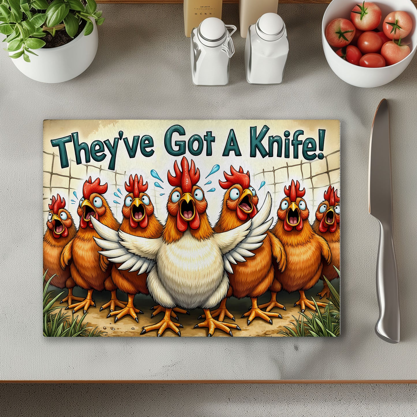 They've Got A Knife Chickens Chopping Cutting Board or Coaster