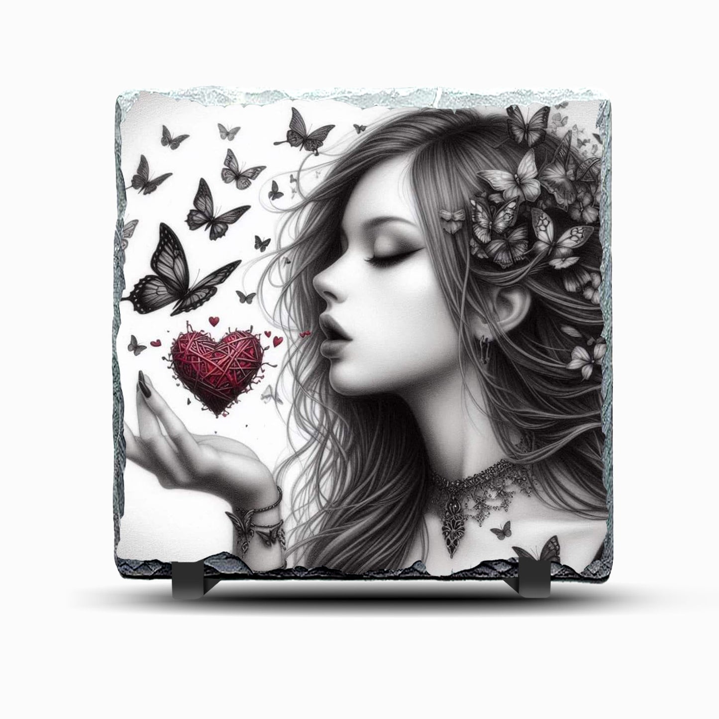 Woman with Hearts and Butterflies Design 2 Printed Rock Slate