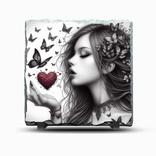 Woman with Hearts and Butterflies Design 2 Printed Rock Slate