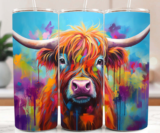Bright Highland Cow with Blue Background 20oz Tumbler