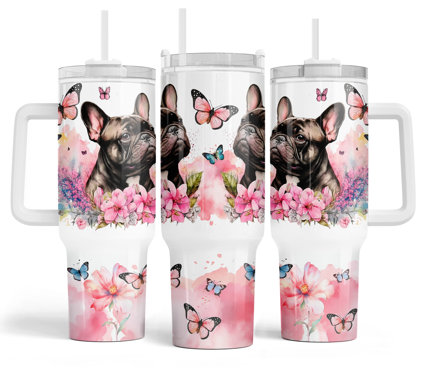 Frenchie with Pink Flowers 40oz Tumbler