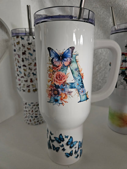 40oz Blue Butterfly Initial Tumbler
