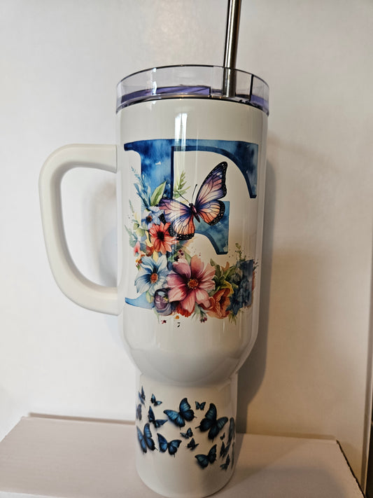 40oz Blue Butterfly Initial Tumbler