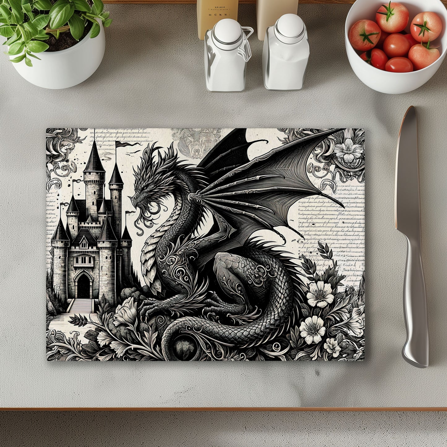 Dragon Black and White Chopping Cutting Board
