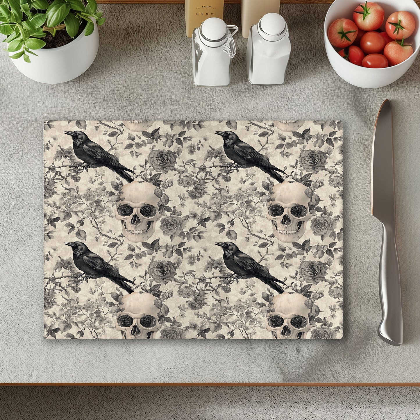 Ravens and Skulls Black and White Chopping Cutting Board