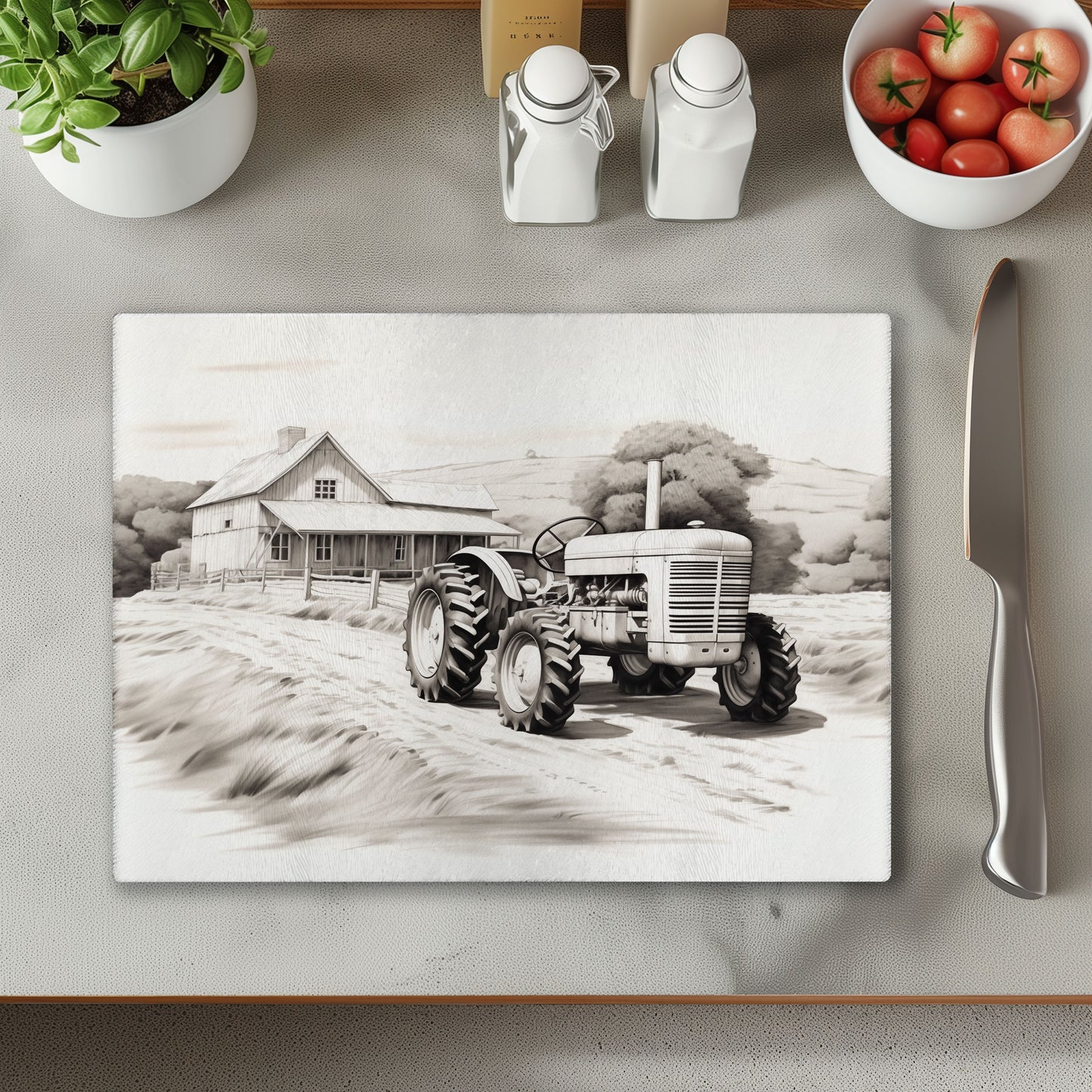 Tractor Black and White Chopping Cutting Board