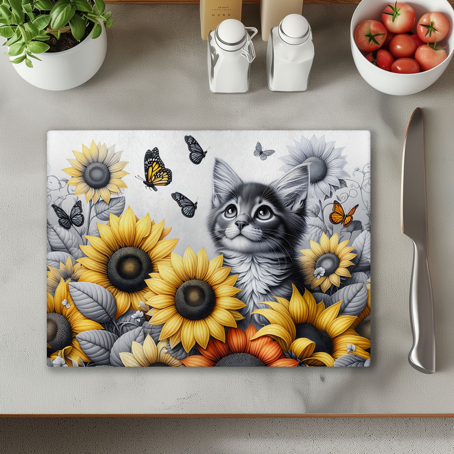 Black and White Cat with Sunflowers Chopping Cutting Board or Coaster