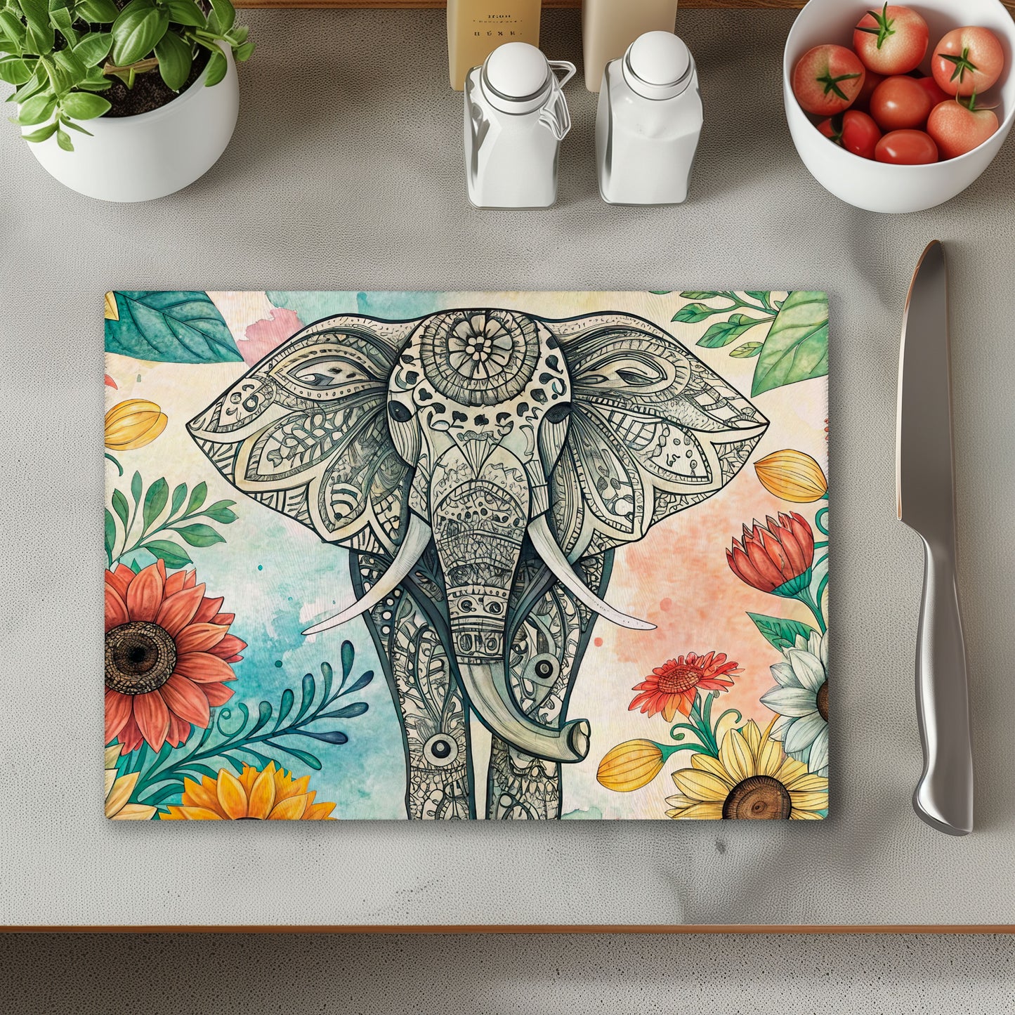 Boho Elephant Glass Chopping Cutting Board